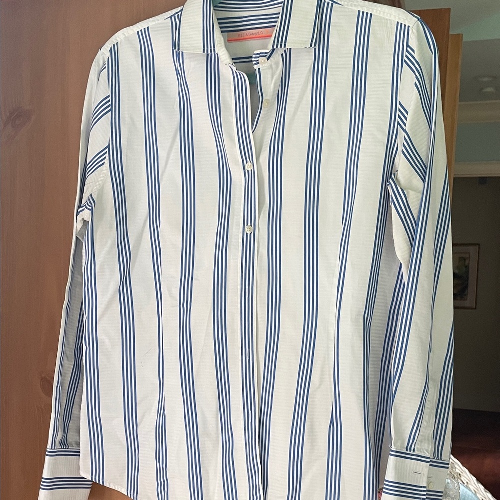 Vilagallo White and Blue Striped Button-Up Blouse